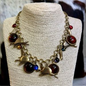 VINTAGE JULIANA D&E EQUESTRIAN JOCKEY JEWELED PARURE STYLE HORSE CHARMS NECKLACE